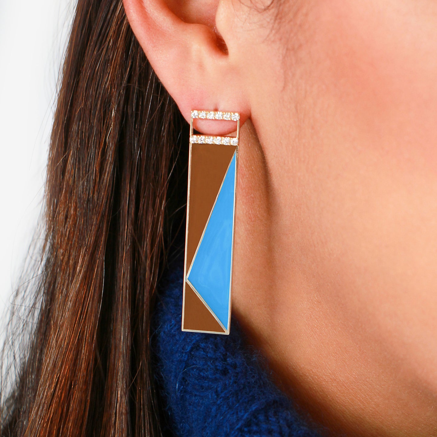 Längliche Ohrringe „African Sky“ mit Diamanten in Bronze und blauem Email