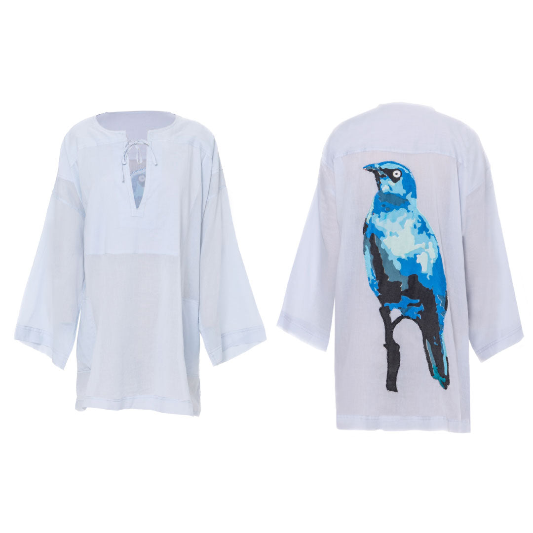 South African Birds - Cape Glossy Starling Ladies Short Blue Cotton Dr Errica-A Boutique South African Birds - Cape Glossy Starling Ladies Short Blue Cotton Dr Errica-A Boutique