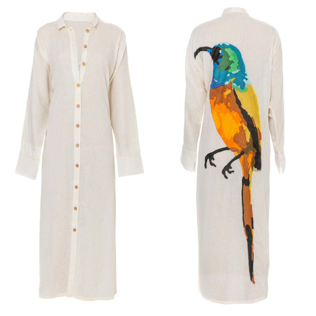 South African Birds - Orange Breadtfed Sunbird Ladies Long White Cotton Dress
