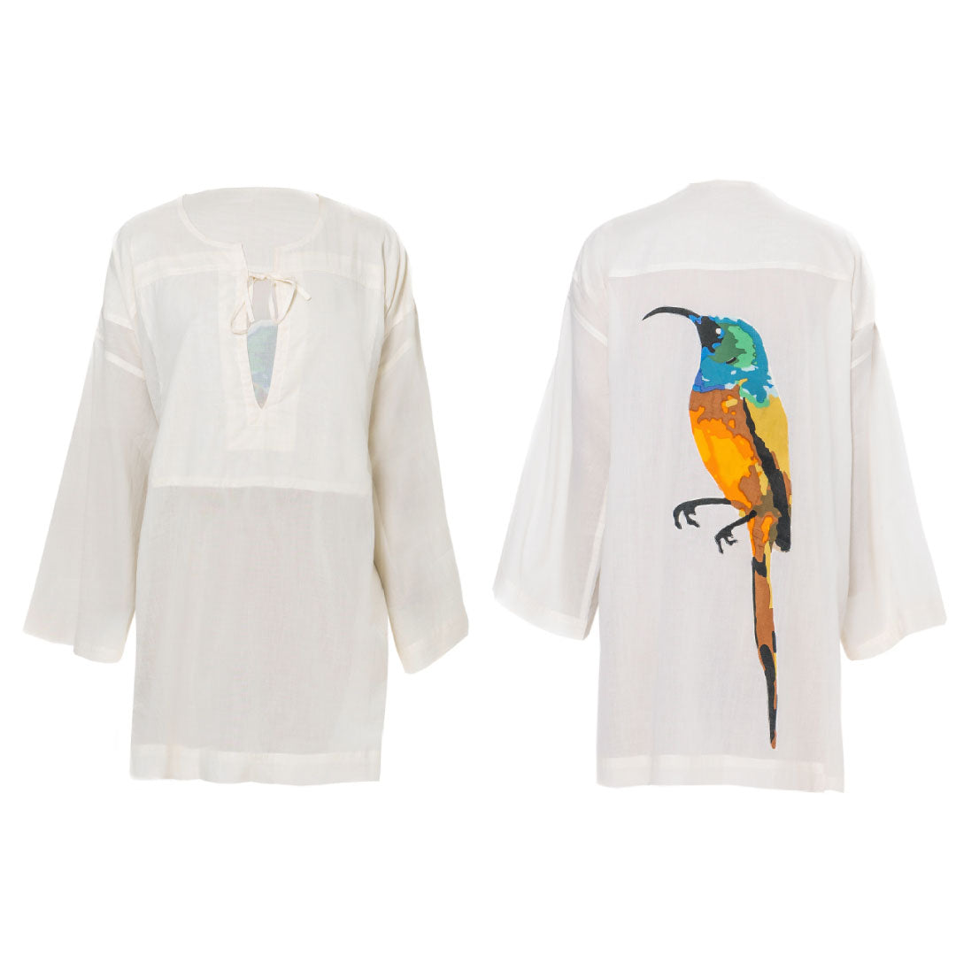 South African Birds - Suikerbossie Ladies Short White Cotton Dress Errica-A Boutique South African Birds - Suikerbossie Ladies Short White Cotton Dress Errica-A Boutique