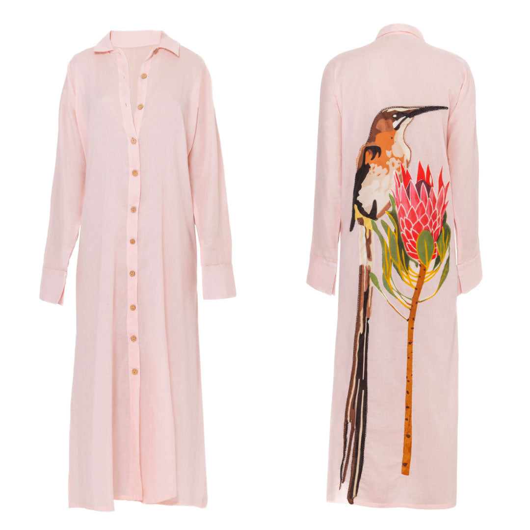 South African Birds - Suikerbossie Ladies Long Pink Cotton Dress