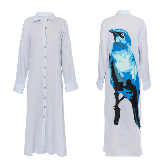 South African Birds - Cape Glossy Starling Ladies Blue Cotton Dress