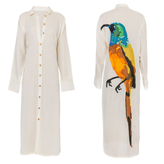South African Birds - Orange Breadtfed Sunbird Ladies Long White Cotton Dress