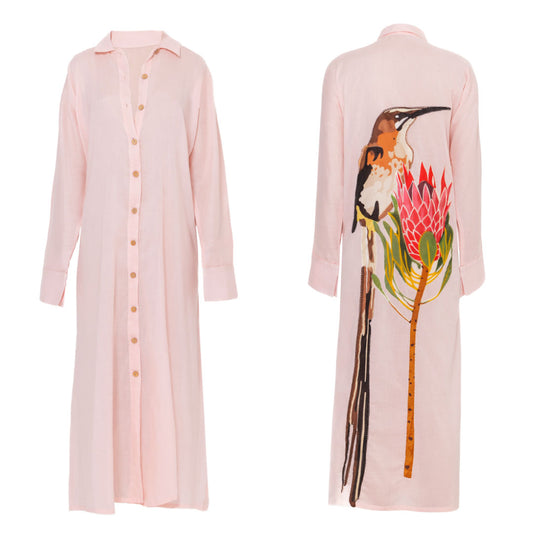 South African Birds - Suikerbossie Ladies Long Pink Cotton Dress